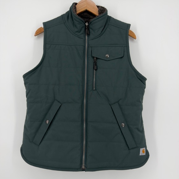 Carhartt Jackets & Blazers - Carhartt Green Medium Sherpa Reversible Puffer Vest Quilted Zip Lined Women